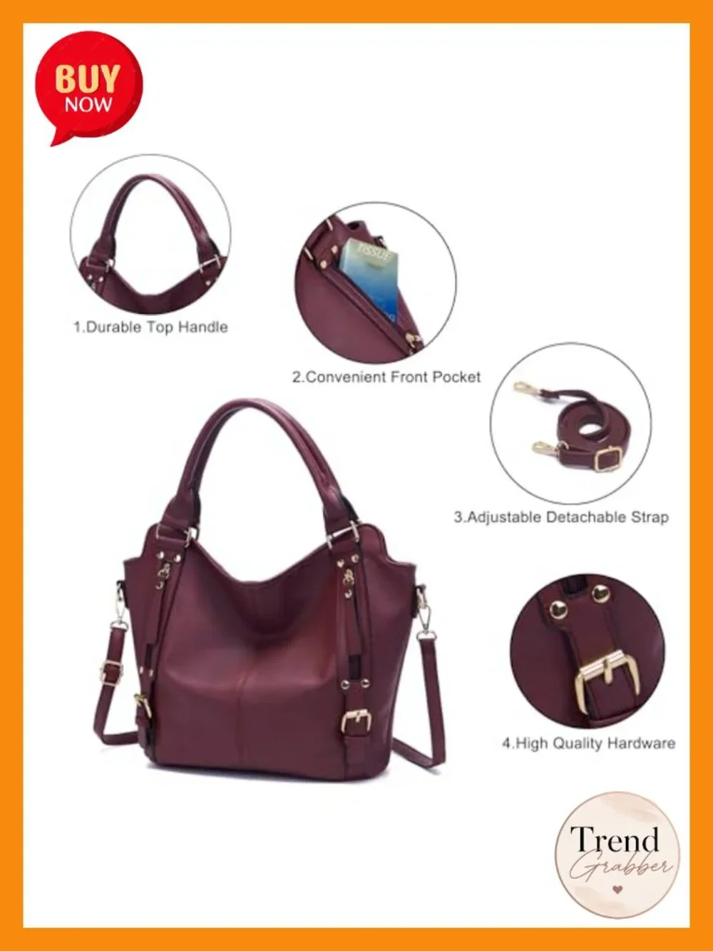 Large Hobo Crossbody Handbag Set 4pcs Total 9 Pockets Soft PU Leather